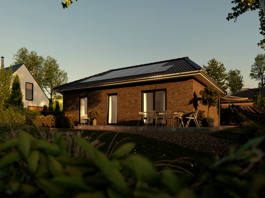 Gartenansicht des Bungalow 78 mit Klinkerfassade und Terrasse