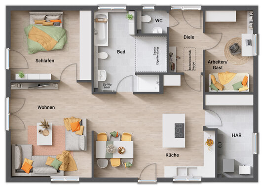 Grundrissvariante 3 des Bungalow 110 mit großem HAR, Gäste-WC und Bad mit Saunaoption