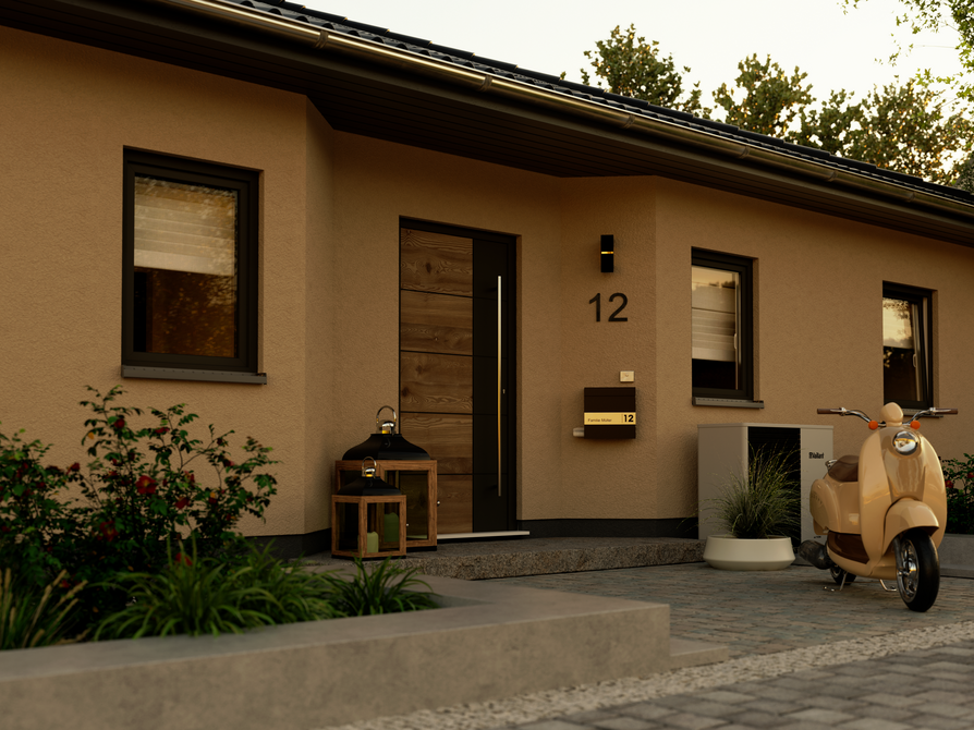 Winkelbungalow 108 – moderner Hauseingang mit Holzdesign und Überdachung Detailansicht des Eingangsbereichs vom Winkelbungalow 108 mit moderner Haustür in Holzoptik, eleganter Beleuchtung und dekorativen Laternen.