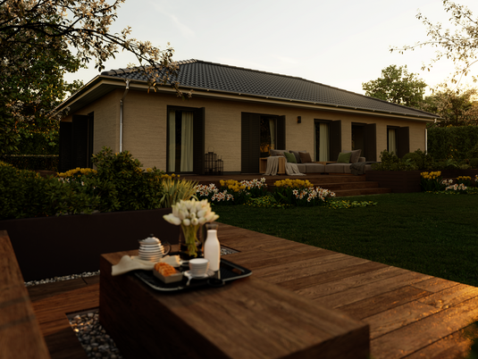 Bungalow-131 Die fünfte Variante des Bungalow 131 bietet ein großzügiges Wohlfühlbad, eine integrierte Ankleide im Schlafzimmer und eine minimalistische Planung, die bewusst auf ein Gäste-WC verzichtet.