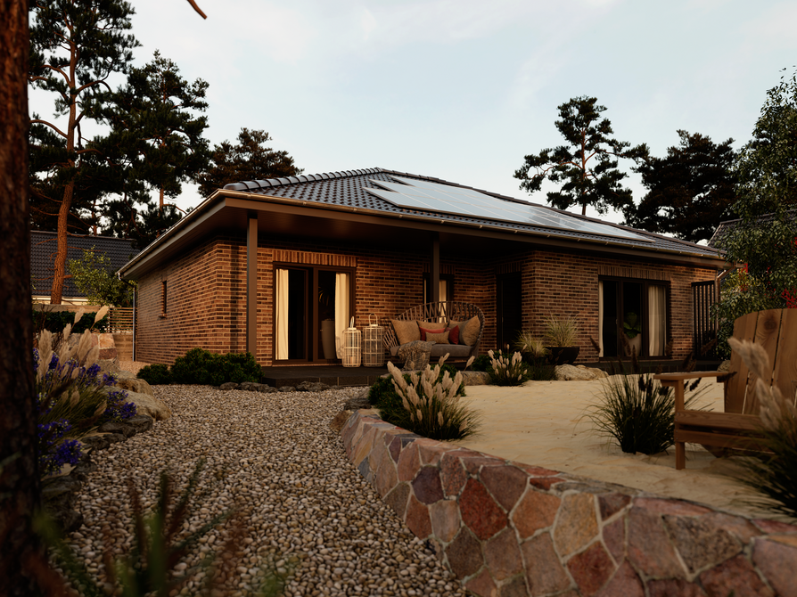 Bungalow 128 Gartenansicht mit Klinkerfassade in Cinder Kohle Eleganter Bungalow 128 mit dunkler Klinkerfassade Cinder Kohle, überdachte Terrasse und stilvolle Gartenanlage