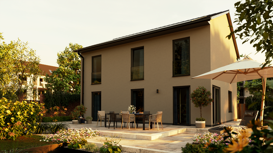 Stadthaus Flair 152 RE Novo mit Garten und moderner Terrasse Modernes Stadthaus Flair 152 RE Novo mit offener Terrasse, stilvoller Sitzgruppe und liebevoll gestaltetem Garten