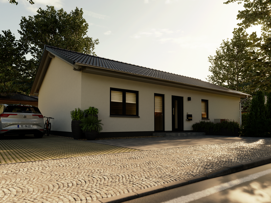 Bungalow 100 – barrierefreier Eingangsbereich mit klarer Fassadengestaltung Straßenansicht des Bungalow 100 mit barrierefreiem Zugang, kompaktem Grundriss und moderner Architektursprache.