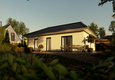 Bungalow 78 in heller Putzoptik mit einladender Terrasse und gepflegtem Garten, fotografiert bei Sonnenschein aus Gartenperspektive.