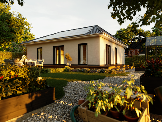 Kompakter Bungalow 92 – kleine Fläche, große Energiechancen Bungalow 92 im Gartenblick – ideal für eine kompakte Photovoltaikanlage