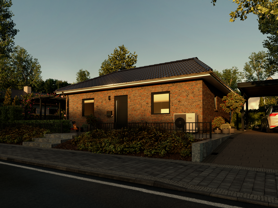 Straßenansicht des Bungalow 78 mit Klinkerfassade und Carport Bungalow 78 in verklinkerter Ausführung mit dunklem Walmdach, gepflegter Vorgartenanlage, Carport und gepflastertem Zugang zur Haustür.