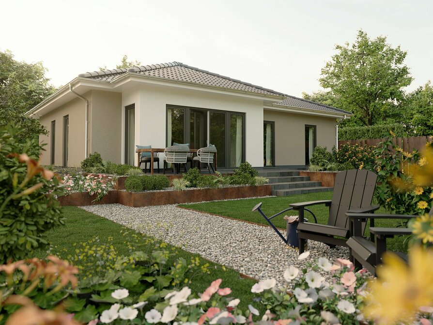 Zweifarbiger Putz und moderne Linien am Bungalow 110 mit Gartenblick Individuell gestalteter Bungalow 110 mit zweifarbigem Fassadenputz, großzügigen Fensterfronten und praktischem Winkel