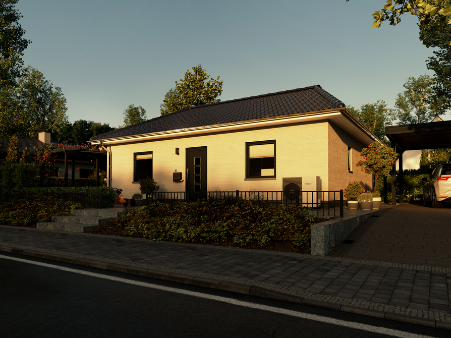 Bungalow 78 mit heller Putzfassade und Vorgarten bei Tag Bungalow 78 in moderner Putzoptik mit Carport, Vorgarten und gepflastertem Zugang, aufgenommen von der Straßenseite bei Tageslicht ohne Verschattung.