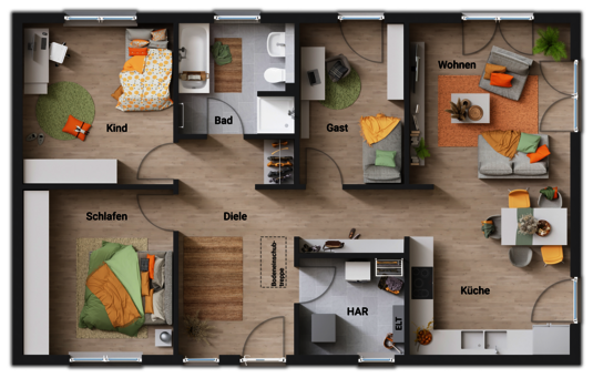 Grundriss-Bungalow-100-Erdgeschoss-4-Zimmer-Variante