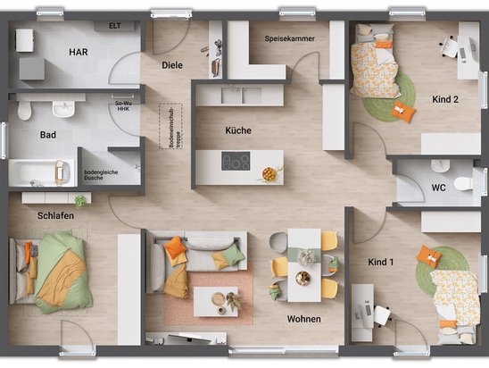 Grundriss Bungalow 110 Variante 4 mit offener Küche und Walk-In-Dusche Grundriss des Bungalow 110 mit offener Wohnlösung, Speisekammer und begehbarer Dusche