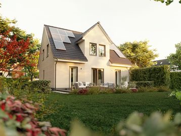 Das Einfamilienhaus Flair 134 Blick vom Garten auf Flair 134 mit einer umweltfreundlichen PV-Anlage für nachhaltiges Wohnen.