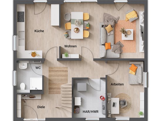 Flair 134 Erdgeschoss Grundrissvariante 5 mit besonderem Eingang Erdgeschoss des Flair 134 mit einem außergewöhnlichen Hauseingang an der Traufe und großzügiger Garderobe.